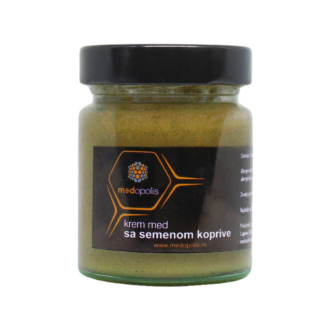 Med sa semenom koprive je funkcionalna mešavina koja spaja čisti, prirodni med sa izuzetno nutritivnim semenom koprive. Ovaj proizvod je idealan za sve koji žele svakodnevnu podršku organizmu, više energije i bolju vitalnost uz potpuno prirodan sastav. Kombinacija sirovog meda i samlevenog semena koprive pruža snažan nutritivni profil i tradicionalno se koristi kao prirodna pomoć kod umora, anemije, oporavka i jačanja imuniteta.